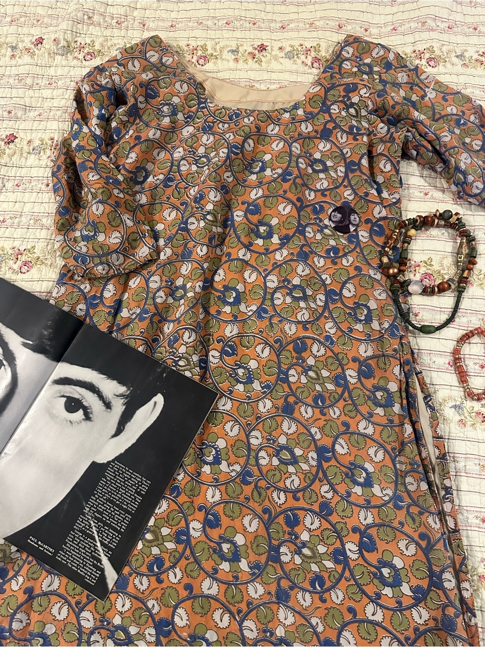 True Vintage 70s Handmade Psychedelic Floral Folk Tunic Dress Boho Mod M/L Large